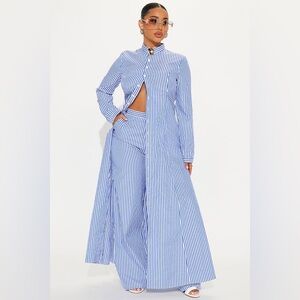 Blue White Stripe Pant Set Longline Shirt Wide Leg
